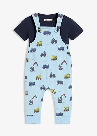 Ensemble comprenant un T-shirt et une salopette en coton • bleu glacier-bleu foncé-marron moyen-jaune maïs-bleu jean imprimé • Boutique bonprix