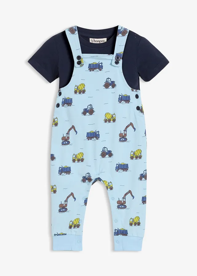 Ensemble comprenant un T-shirt et une salopette en coton, Couleur: bleu glacier-bleu foncé-marron moyen-jaune maïs-bleu jean imprimé