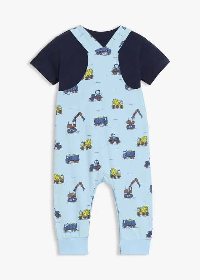 Set bestaande uit shirt en sweatbroek met bretels van puur biologisch katoen (2-dlg. set), Kleur: ijsblauw-donkerblauw-middenbruin-maisgeel-jeansblauw met print