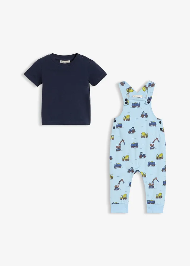 Ensemble comprenant un T-shirt et une salopette en coton, Couleur: bleu glacier-bleu foncé-marron moyen-jaune maïs-bleu jean imprimé