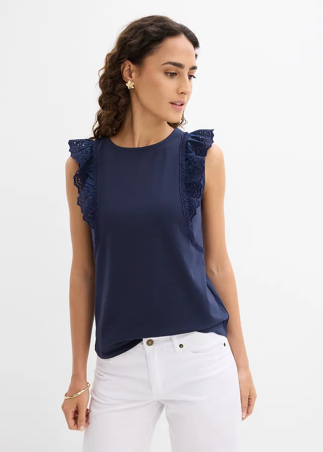 Top van katoenmix, Kleur: donkerblauw