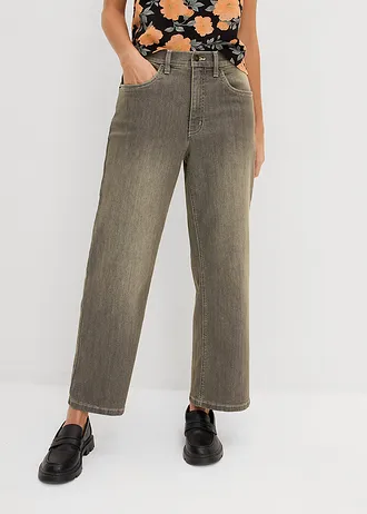 Wide leg jeans high waist, cropped • grijs denim-olijfgroen used • bonprix online shop