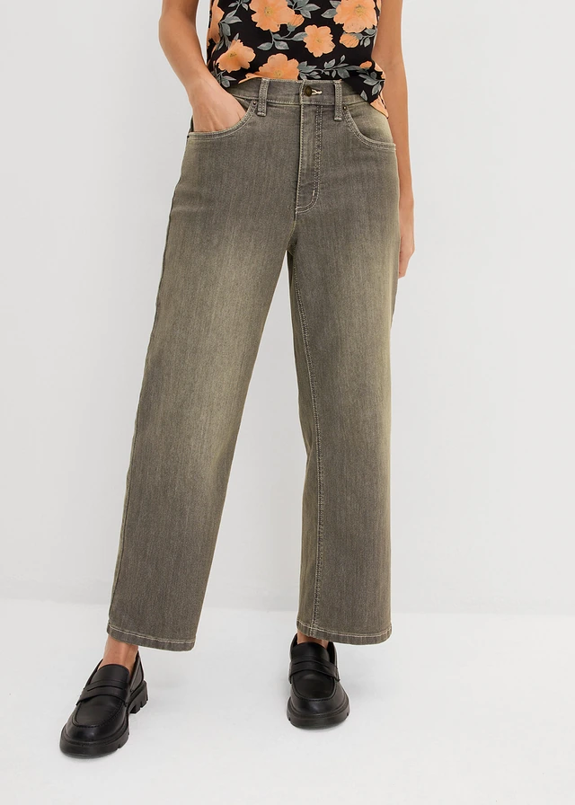 Wide leg jeans high waist, cropped, Kleur: grijs denim-olijfgroen used