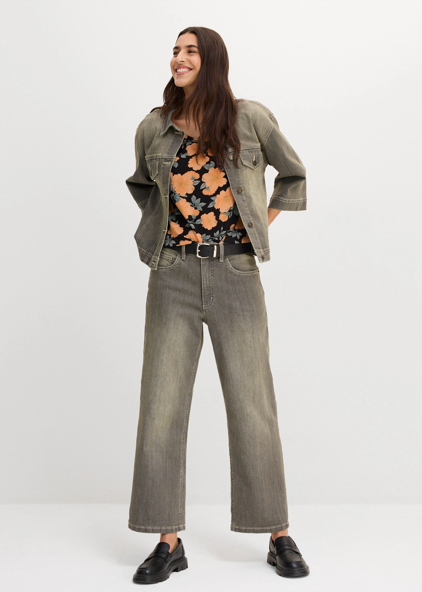 Jean large taille haute, cropped • gris denim-olive used • Boutique bonprix