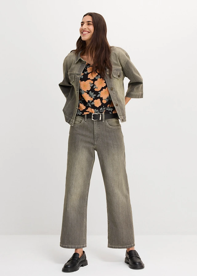 Jeansy wide leg, high waist, cropped szary denim-oliwkowy used