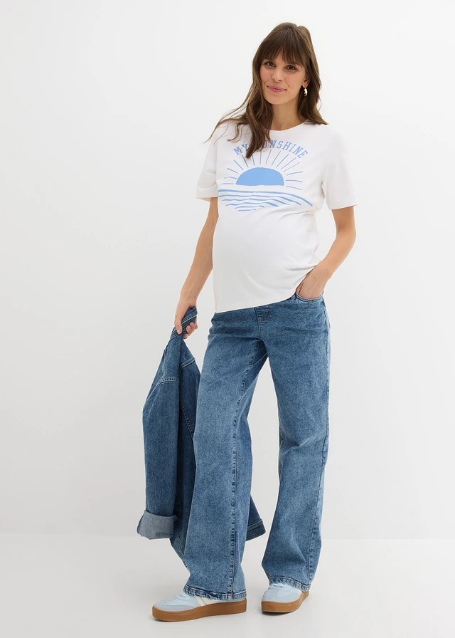 2-in-1 zwangerschaps- en voedingsshirt van biologisch katoen, Kleur: wit/middenblauw met print