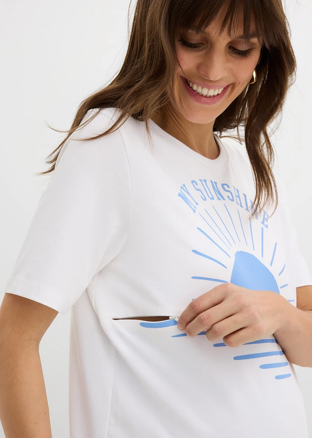 2-in-1 zwangerschaps- en voedingsshirt van biologisch katoen • wit/middenblauw met print • product-page.page-title-suffix