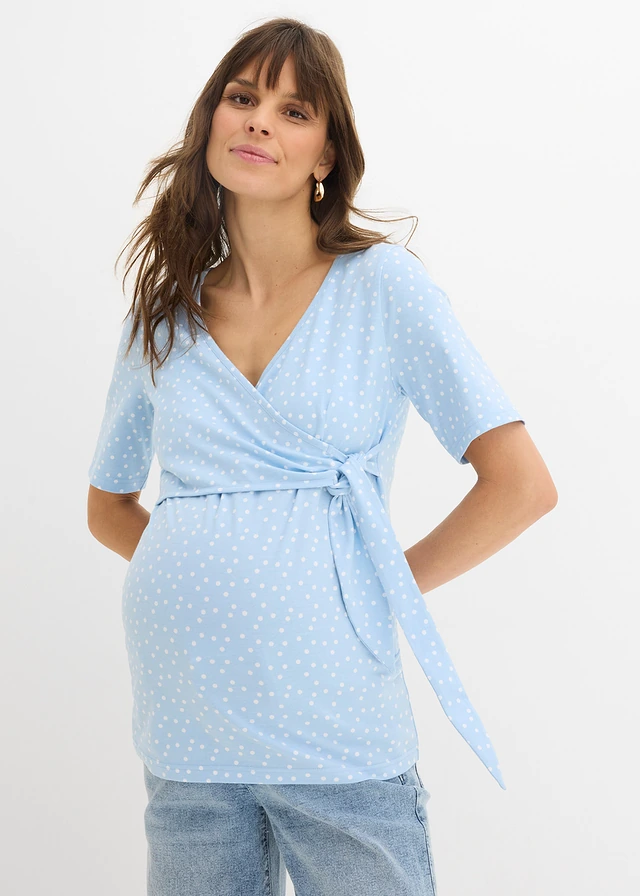 T-shirt cache-cœur pour la grossesse et après, Couleur: bleu clair pois blanc