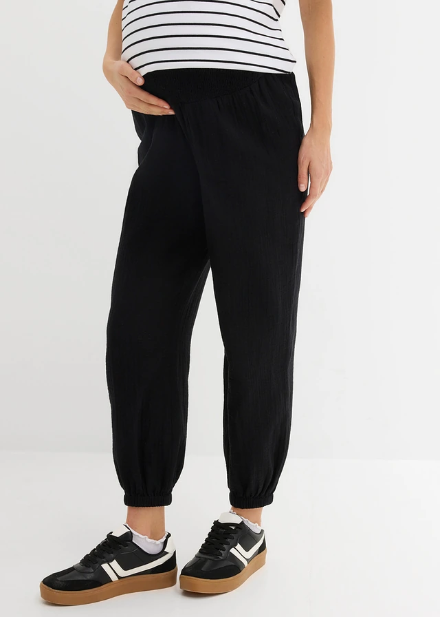 2-in-1 zwangerschapsbroek van puur katoenen mousseline, Kleur: zwart