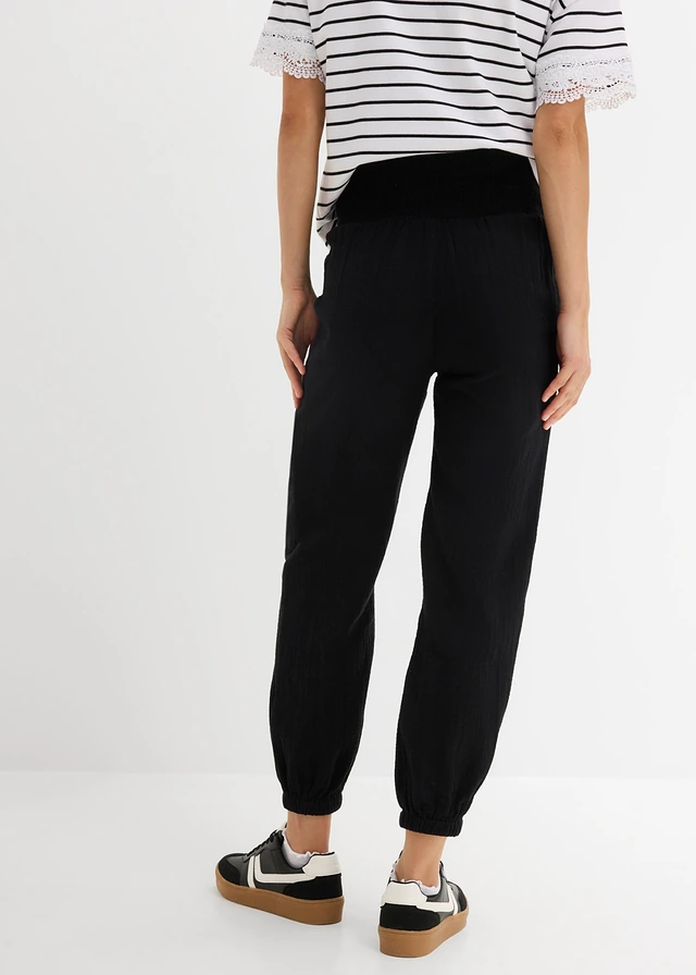 2-in-1 zwangerschapsbroek van puur katoenen mousseline, Kleur: zwart