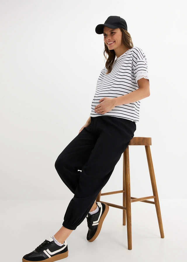 Pantaloni 2-în-1 din muselină din bumbac 100%, pentru perioada sarcinii și după • negru • magazin bonprix