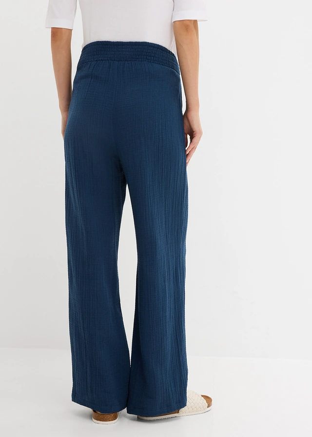 Comfortabele zwangerschapsbroek met elastische tailleband van puur katoenen mousseline, Kleur: diepblauw