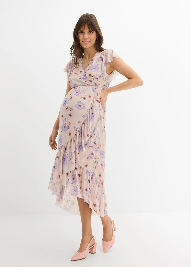 Robe de grossesse et d’allaitement en mesh extensible, Couleur: beige naturel-mauve tendre floral