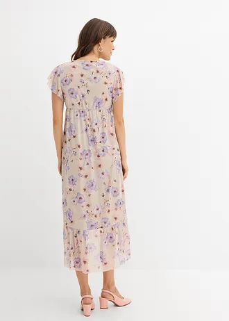 Rochie de gravide 2 în 1, cu funcție de alăptare, din mesh elastic, culoare: bej natur/liliachiu pastel floral
