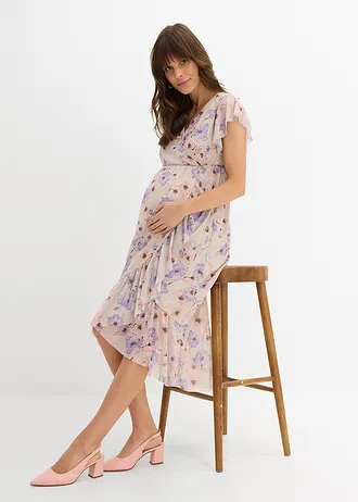 Rochie de gravide 2 în 1, cu funcție de alăptare, din mesh elastic, culoare: bej natur/liliachiu pastel floral
