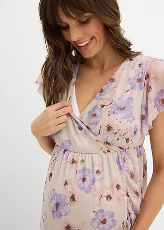 Rochie de gravide 2 în 1, cu funcție de alăptare, din mesh elastic • bej natur/liliachiu pastel floral • magazin bonprix