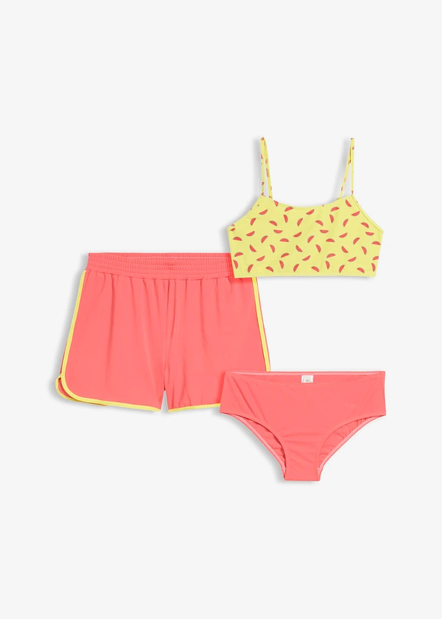 Bikini + szorty (komplet 3-cz.), kolor: jasnoróżowo-jasnożółty z nadrukiem