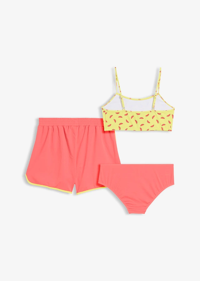 Bikini + szorty (komplet 3-cz.) • jasnoróżowo-jasnożółty z nadrukiem • sklep bonprix