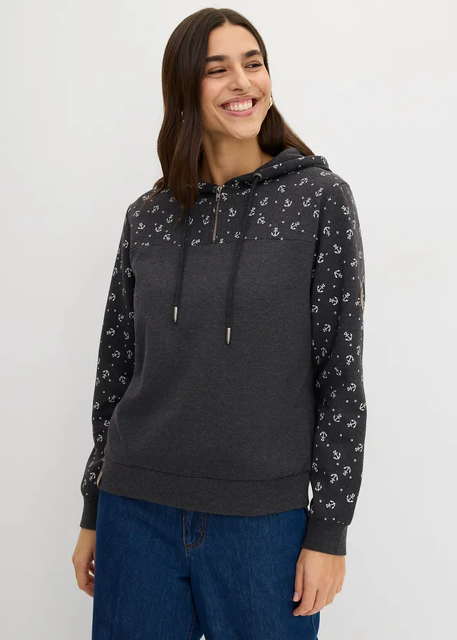 Sweat à capuche et col zippé, 100% coton, Couleur: anthracite chiné/écru