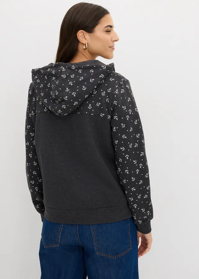 Sweat à capuche et col zippé, 100% coton, Couleur: anthracite chiné/écru