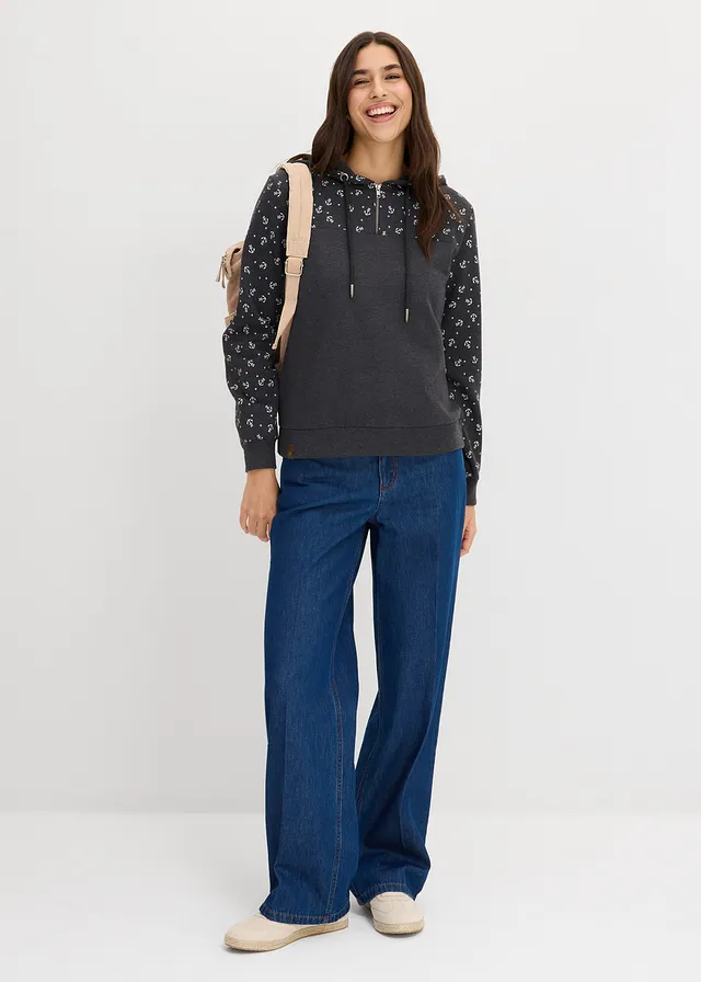 Sweat à capuche et col zippé, 100% coton, Couleur: anthracite chiné/écru