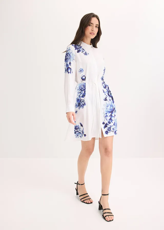 Robe-chemise en viscose fluide, Couleur: blanc/bleu floral