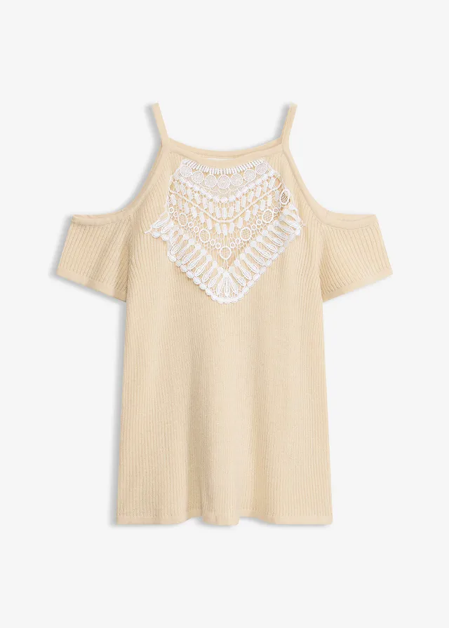 Gebreid shirt met kant, Kleur: lichtsand
