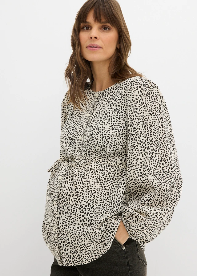Katoenen blouse voor tijdens en na de zwangerschap, Kleur: wolwit-zwart luipaardprint