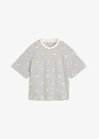 Gestreept T-shirt van puur katoen, Kleur: wolwit/zwart gestreept