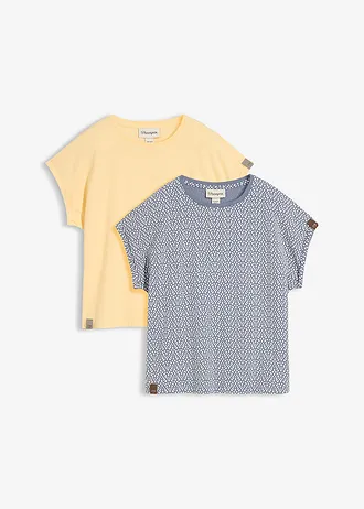 T-shirt (set van 2) • rookblauw met print+effen pastelgeel • bonprix online shop