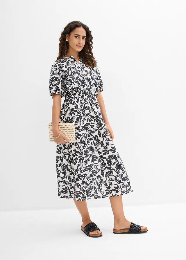 Rochie-tunică din bumbac 100%, culoare: alb perlat-negru grafic