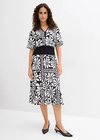 Midi jurk met een diep decolleté • zwart/parelwit met print • bonprix online shop