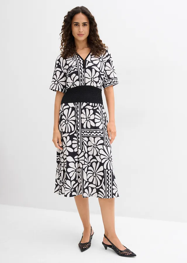 Robe midi avec décolleté plongeant • noir-blanc nacré imprimé • product-page.page-title-suffix