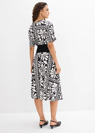 Midi jurk met een diep decolleté • zwart/parelwit met print • bonprix online shop