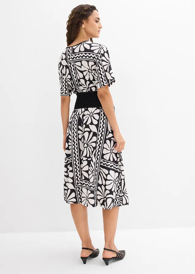 Robe midi avec décolleté plongeant, Couleur: noir-blanc nacré imprimé