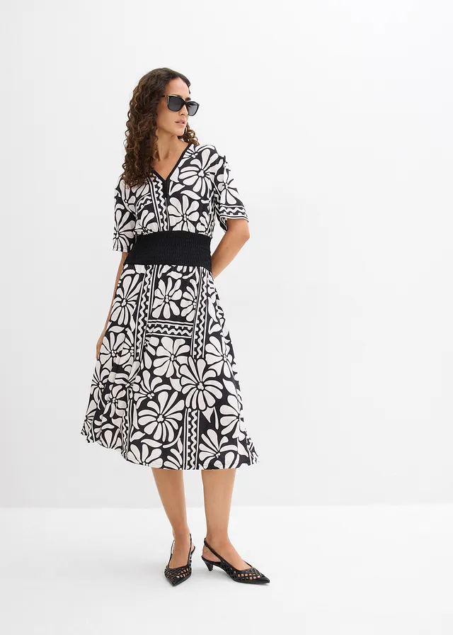Robe midi avec décolleté plongeant • noir-blanc nacré imprimé • product-page.page-title-suffix