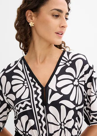 Midi jurk met een diep decolleté • zwart/parelwit met print • bonprix online shop