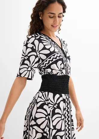 Rochie midi cu decolteu adânc • negru-alb perlat cu imprimeu • magazin bonprix