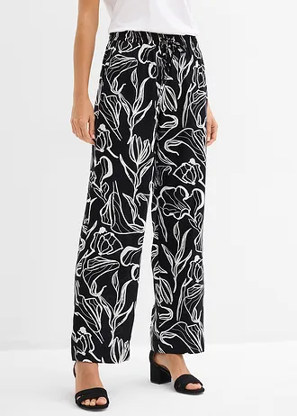 Broek van viscose, Kleur: zwart/wolwit gebloemd