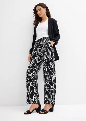 Pantalon à taille élastiquée en viscose, Couleur: noir-écru floral