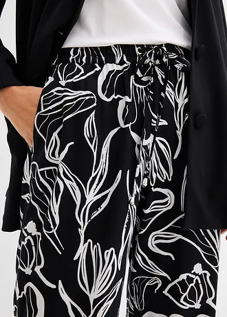 Pantaloni din viscoză cu talie elastică • negru-ecru înflorat • magazin bonprix