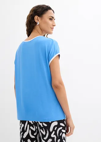 T-shirt avec passepoil, Couleur: bleu moyen/écru