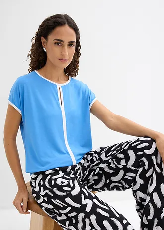 Bluză cu piping în contrast • albastru mediu + ecru • magazin bonprix