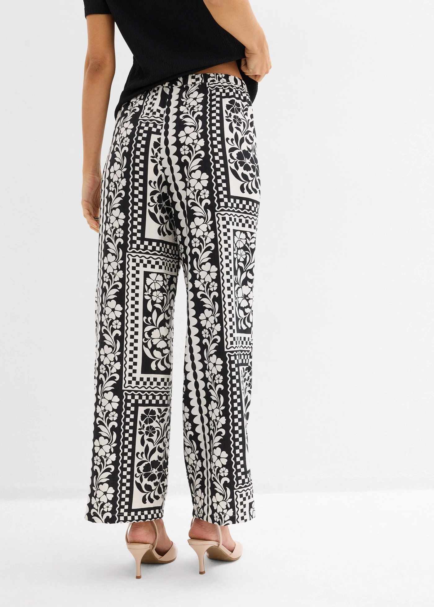 Pantalon fluide à taille élastiquée • noir-écru imprimé • Boutique bonprix