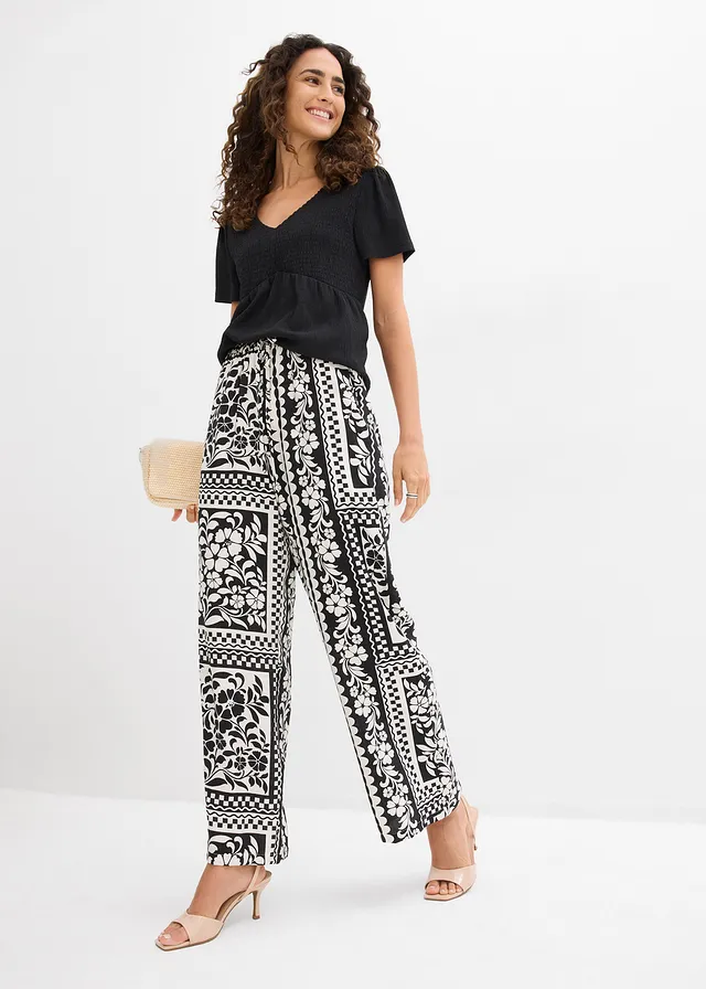 Pantalon fluide à taille élastiquée • noir-écru imprimé • product-page.page-title-suffix