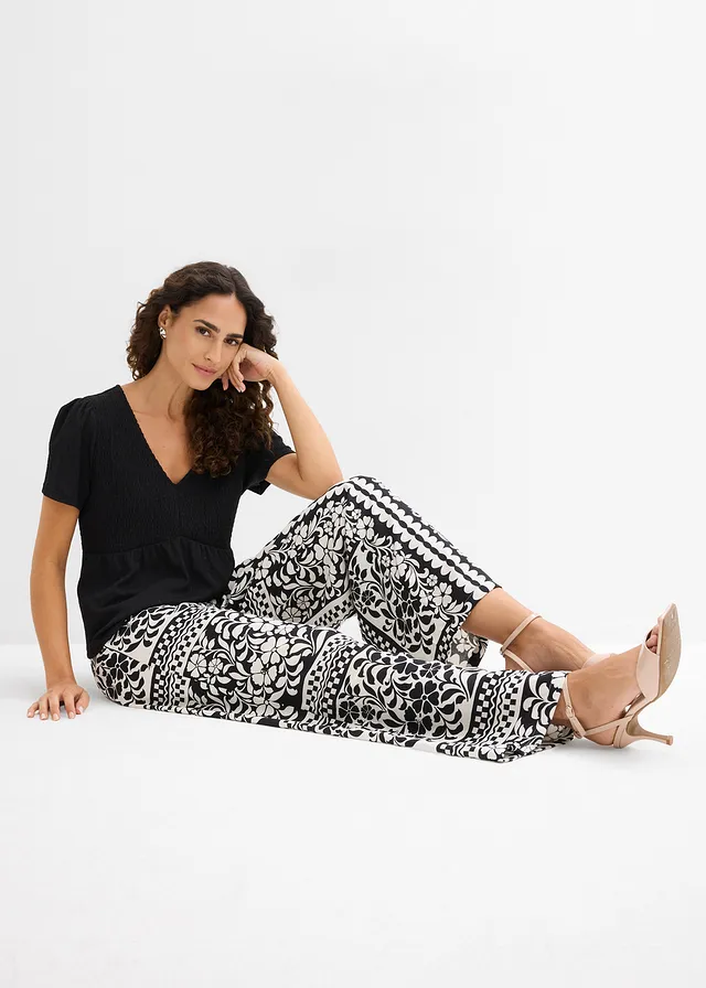 Pantalon fluide à taille élastiquée • noir-écru imprimé • product-page.page-title-suffix