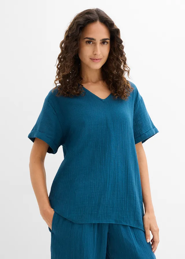 Shirt tuniek van zachte mousseline, Kleur: blauwpetrol