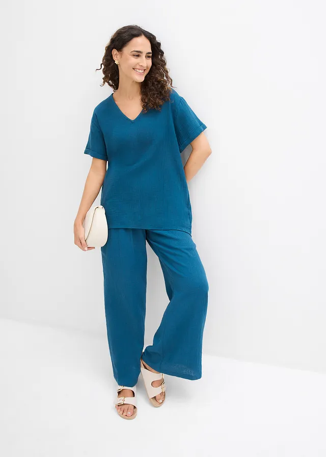 Shirt tuniek van zachte mousseline, Kleur: blauwpetrol