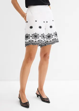 Pantaloni scurți din twill, cu dantelă perforată • ecru/negru • magazin bonprix