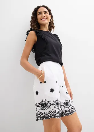 Pantaloni scurți din twill, cu dantelă perforată • ecru/negru • magazin bonprix
